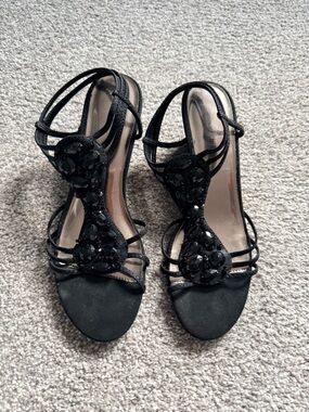 Jaclyn Smith Black Jeweled Strappy Evening Sandals